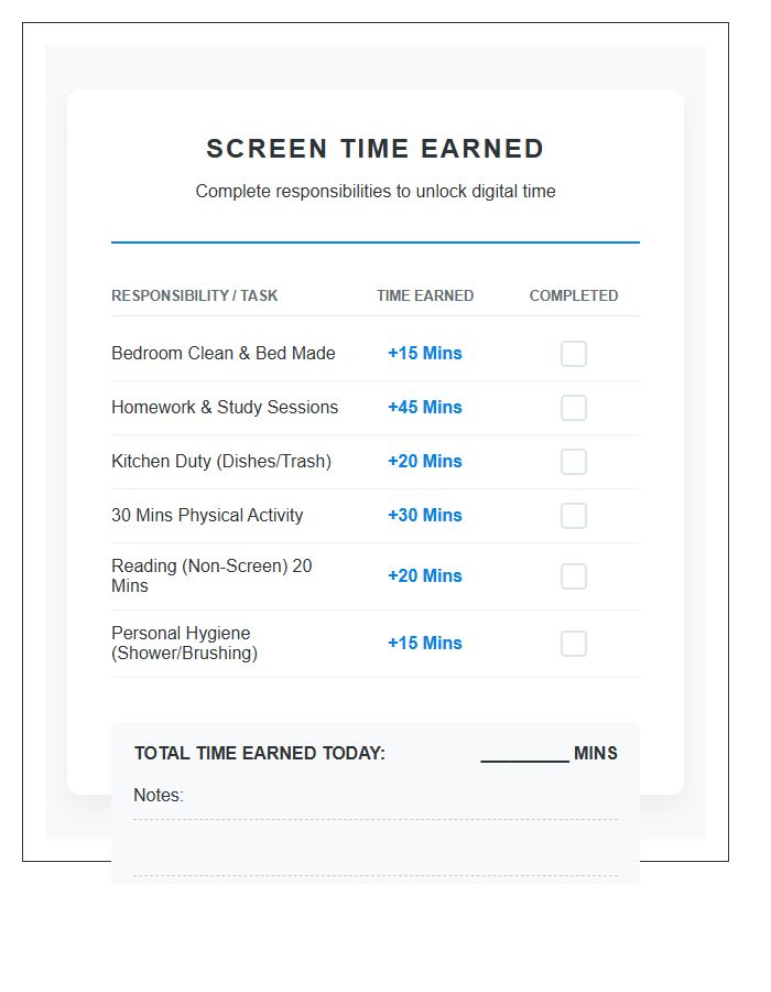 Teenager Screen Time Rewards Printable Chart For Responsibilities