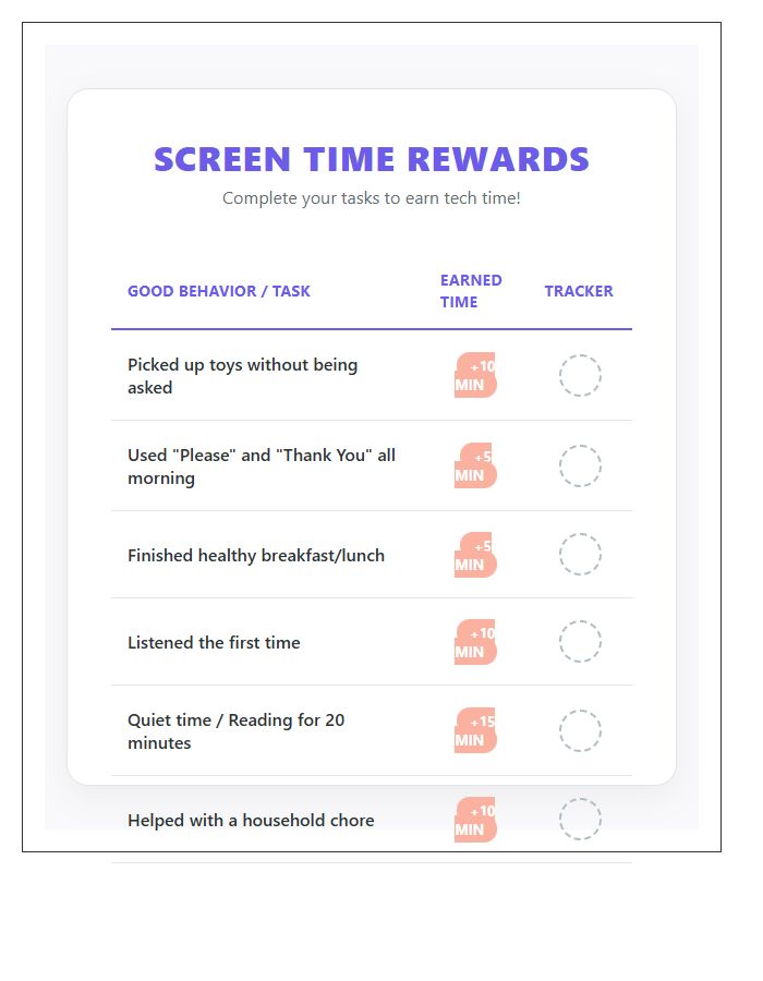 Toddler Screen Time Rewards Printable Chart For Behavior