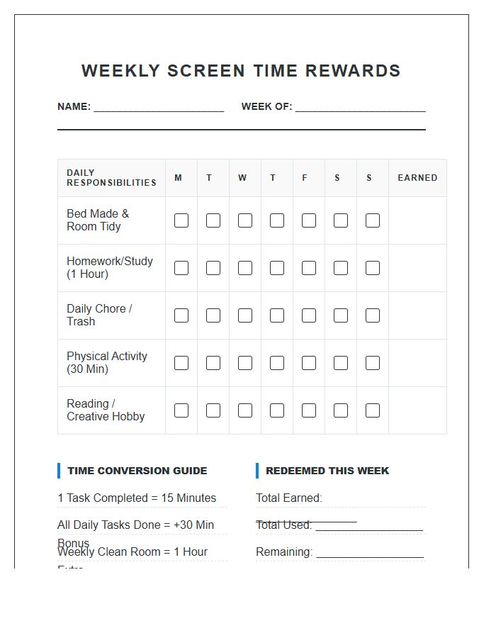 Weekly Screen Time Rewards Printable Chart For Teens