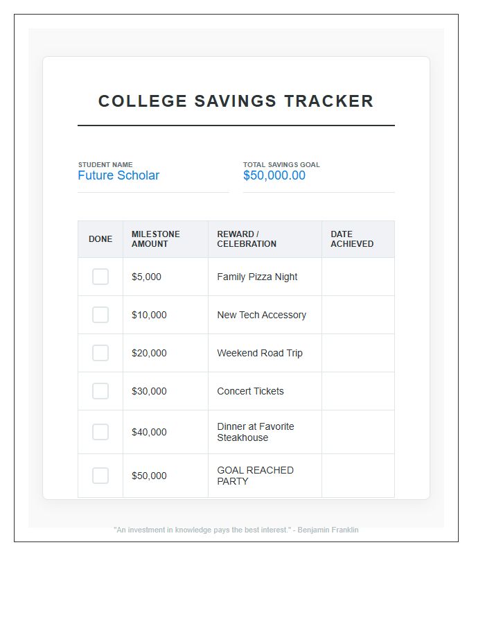 College Education Savings Goal Rewards Printable Chart