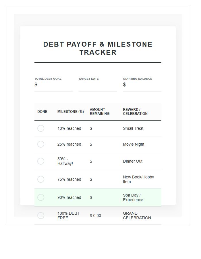 Debt Payoff Milestone Savings Goal Rewards Printable Chart