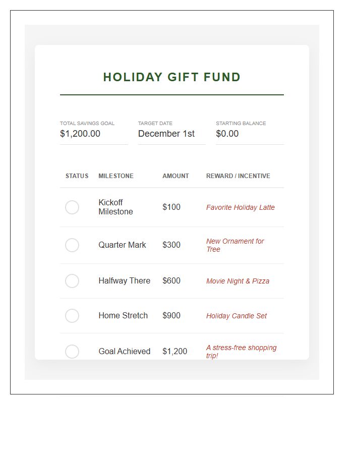 Holiday Gift Fund Savings Goal Rewards Printable Chart