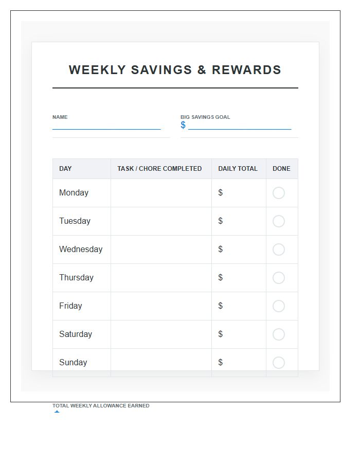 Weekly Allowance Savings Goal Rewards Printable Chart