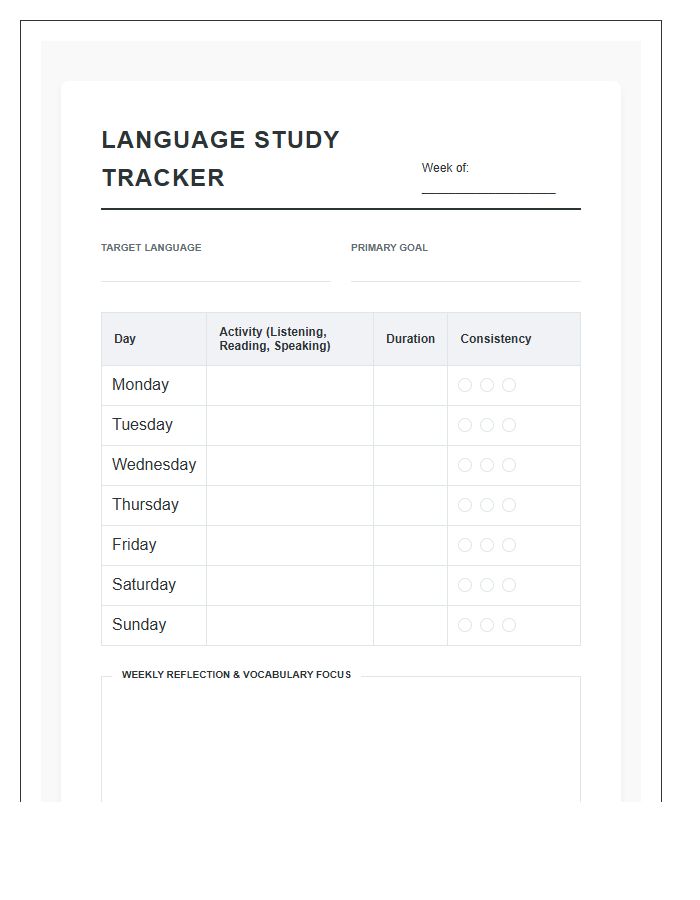 Adult Language Study Printable Chart
