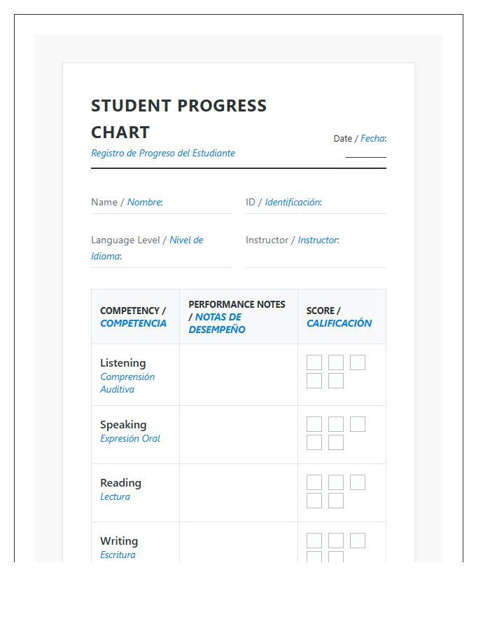 Bilingual Student Progress Printable Chart