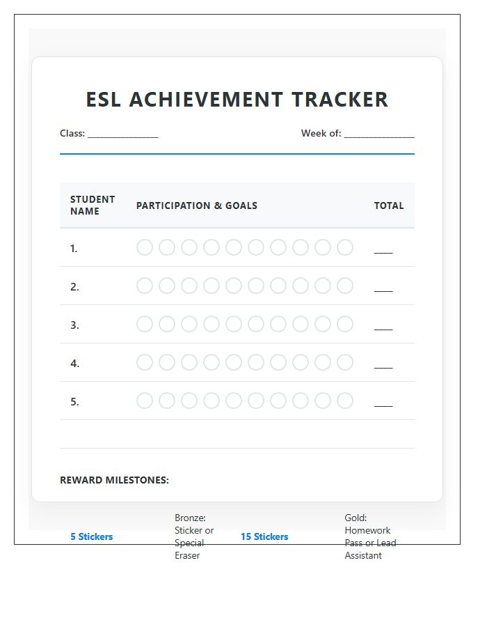ESL Classroom Rewards Printable Chart