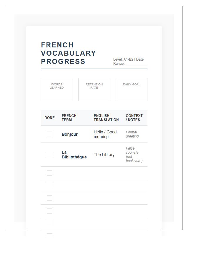 French Vocabulary Progress Printable Chart