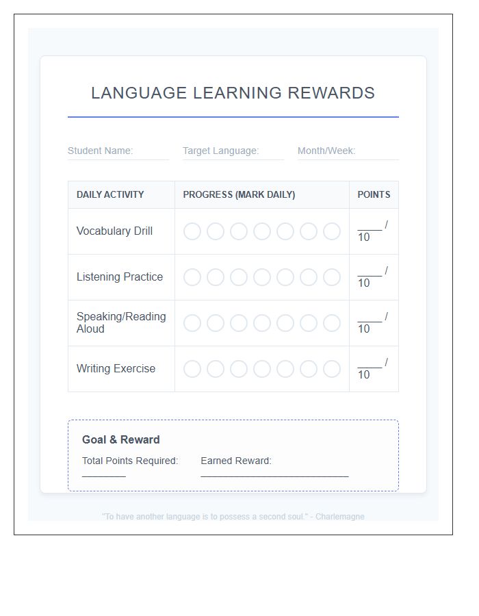 Homeschool Language Learning Rewards Printable Chart