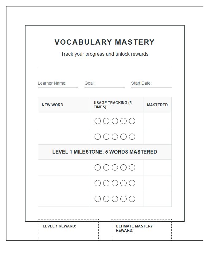 Vocabulary Mastery Rewards Printable Chart