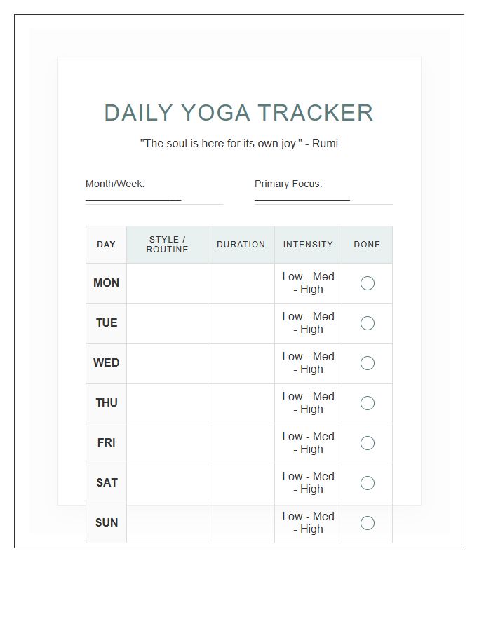 Daily Yoga Goal Tracking Printable Chart