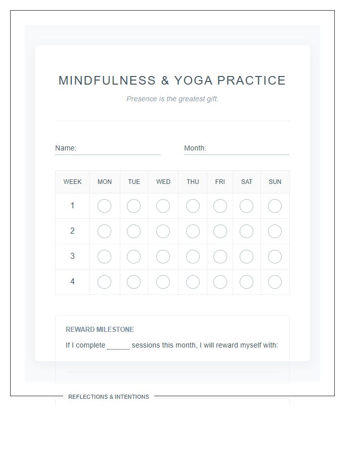 Mindfulness Yoga Practice Rewards Printable Chart