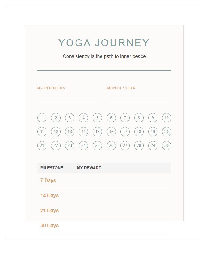 Yoga Motivation Rewards Tracker Printable Chart