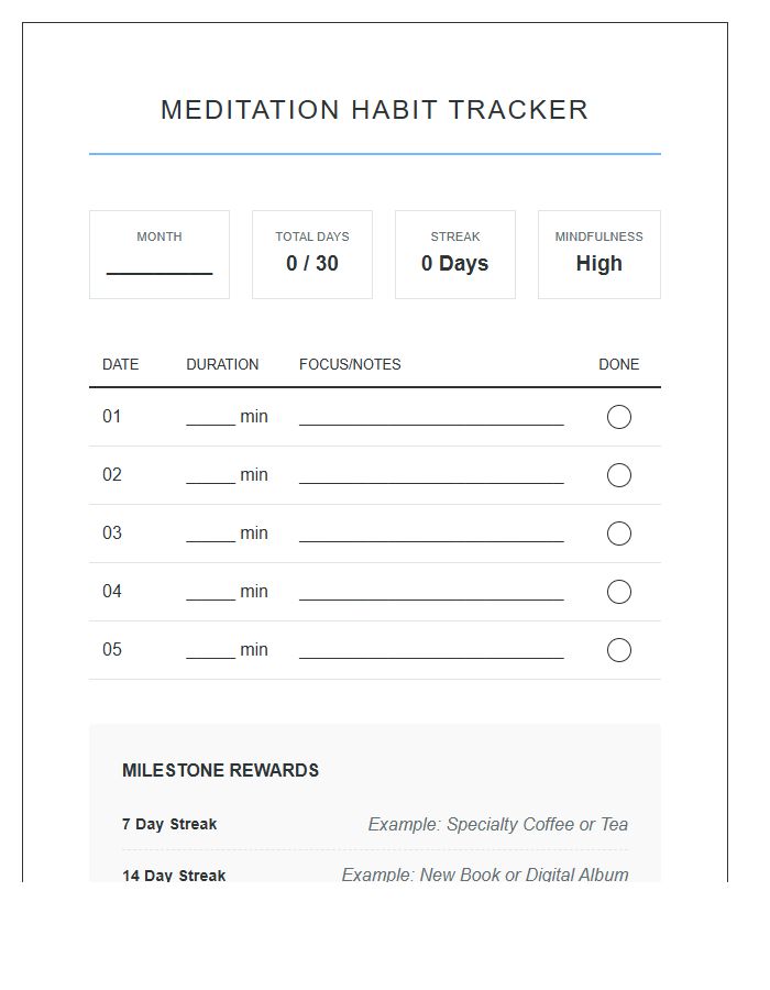 Consistent Meditation Habit Rewards Printable Chart