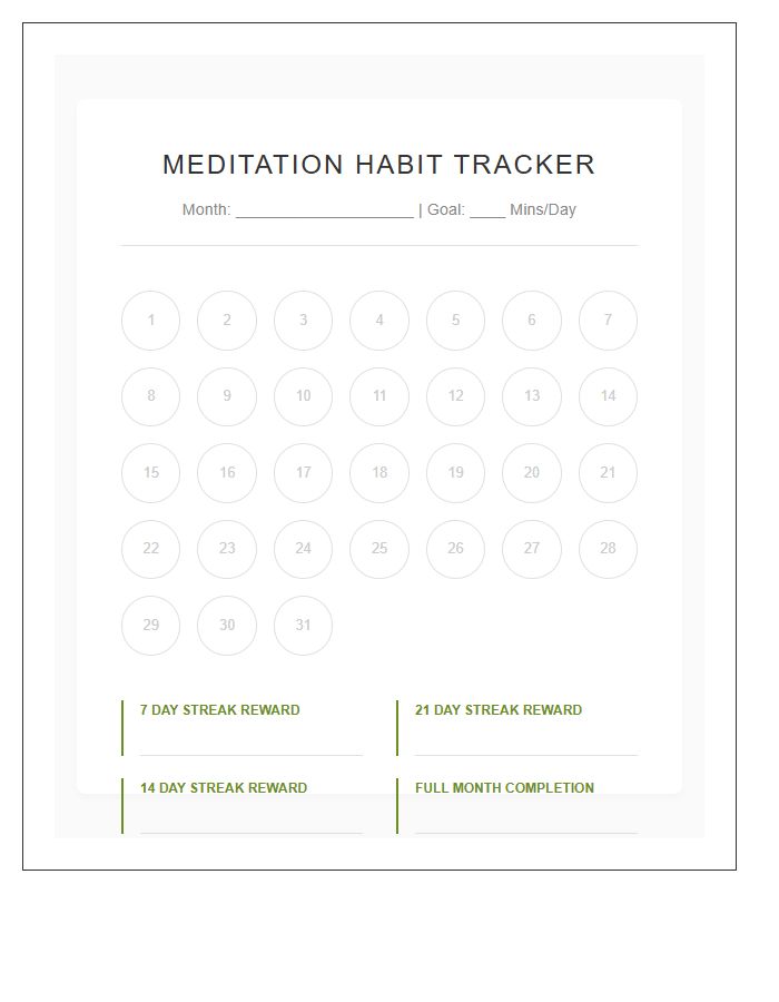 Meditation Habit Tracker Rewards Printable Chart