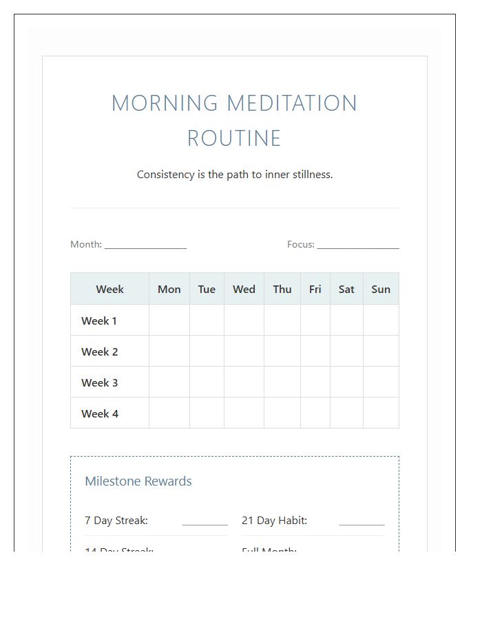 Morning Meditation Routine Rewards Printable Chart