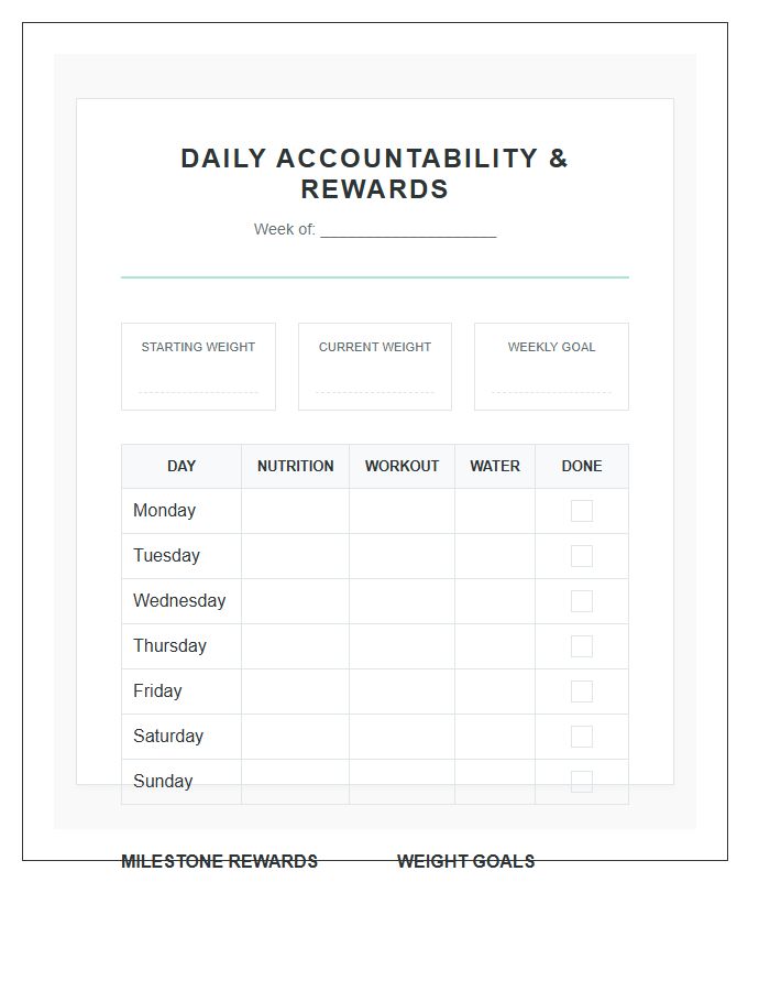 Daily Accountability Weight Loss Rewards Printable Chart