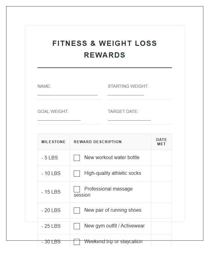 Fitness And Weight Loss Rewards Printable Chart