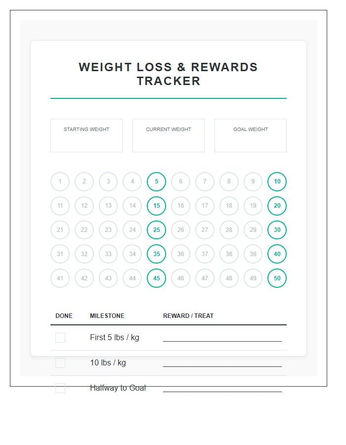 Goal Tracking Weight Loss Rewards Printable Chart