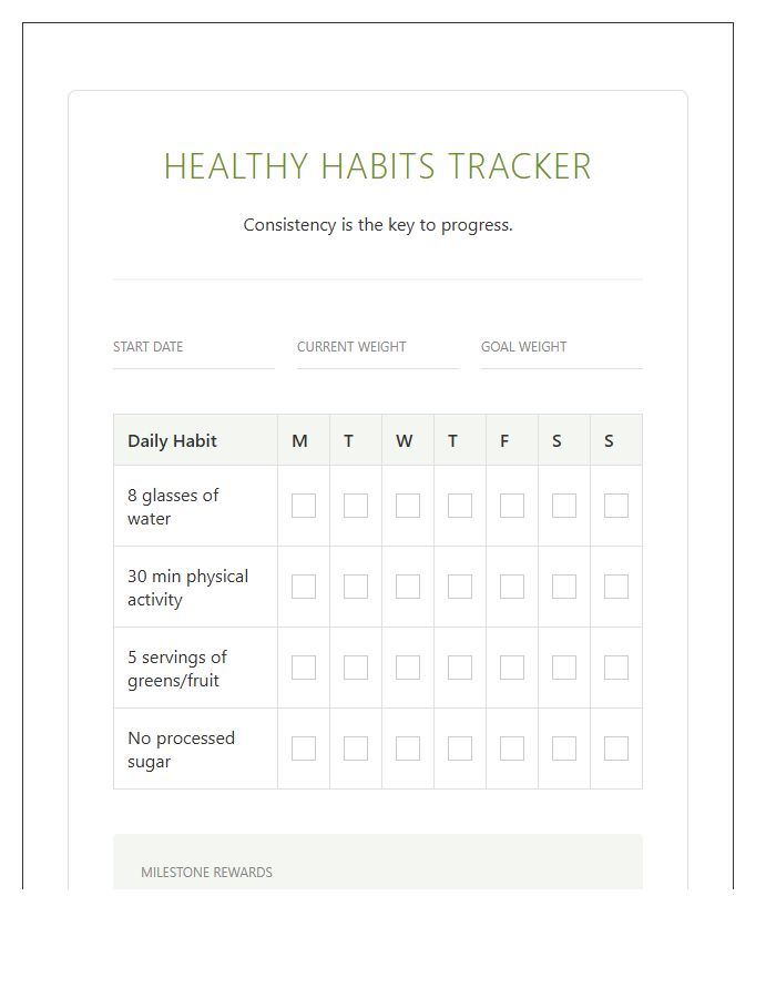 Healthy Habits Weight Loss Rewards Printable Chart