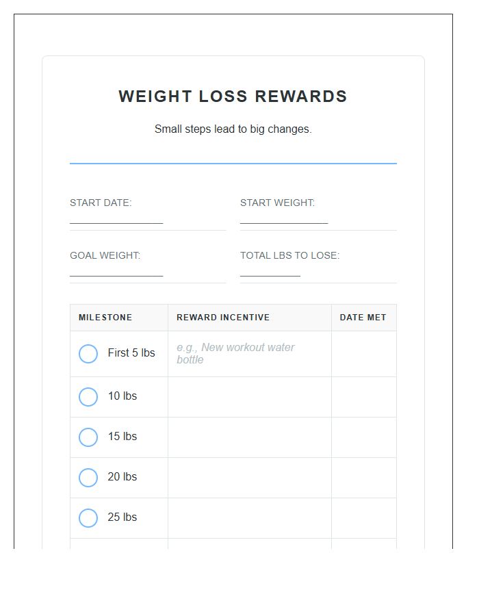 Personal Progress Weight Loss Rewards Printable Chart