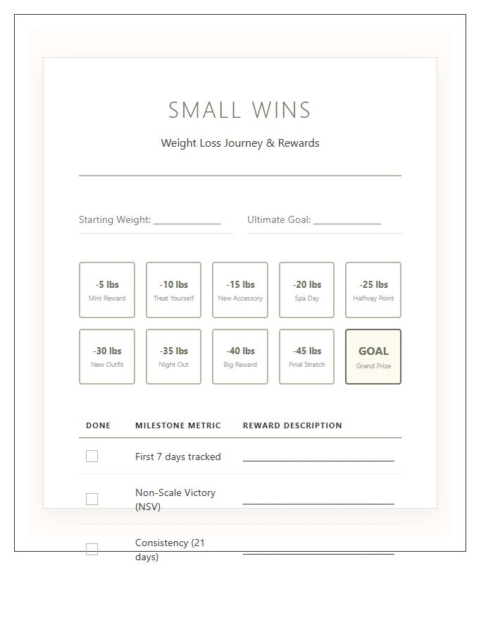 Small Wins Weight Loss Rewards Printable Chart