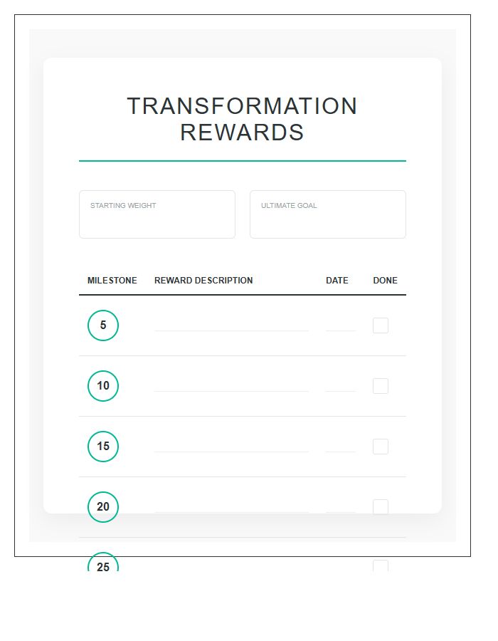 Transformation Weight Loss Rewards Printable Chart