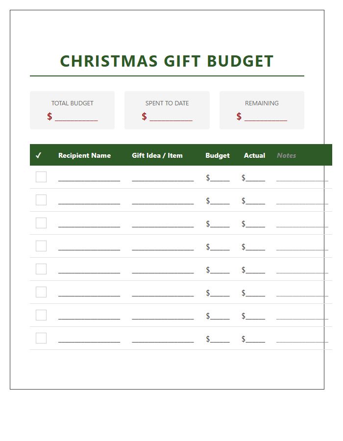 Christmas Gift Budget Planning Printable Chart