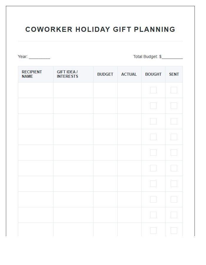 Coworker Holiday Gift Planning Printable Chart