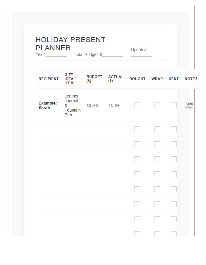 Detailed Holiday Present Planning Printable Chart