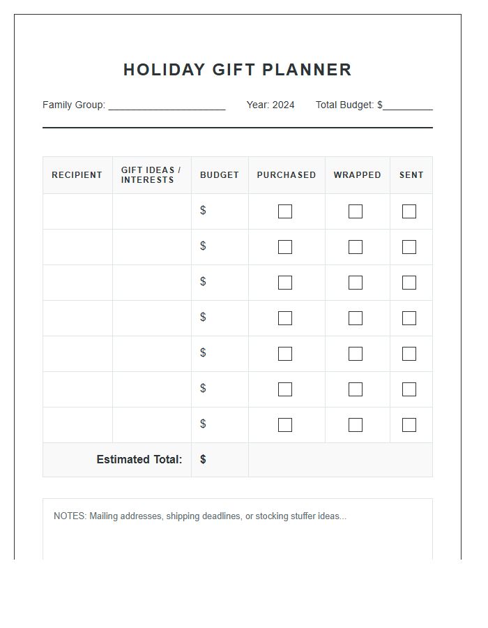 Extended Family Holiday Gift Planning Printable Chart