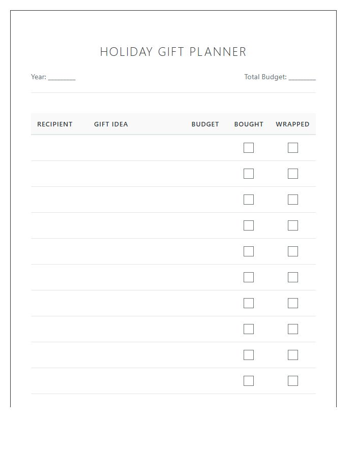 Family Holiday Gift Planning Printable Chart
