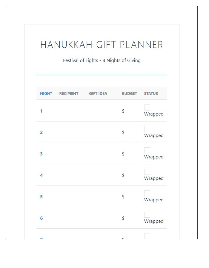 Hanukkah Gift Planning Printable Chart