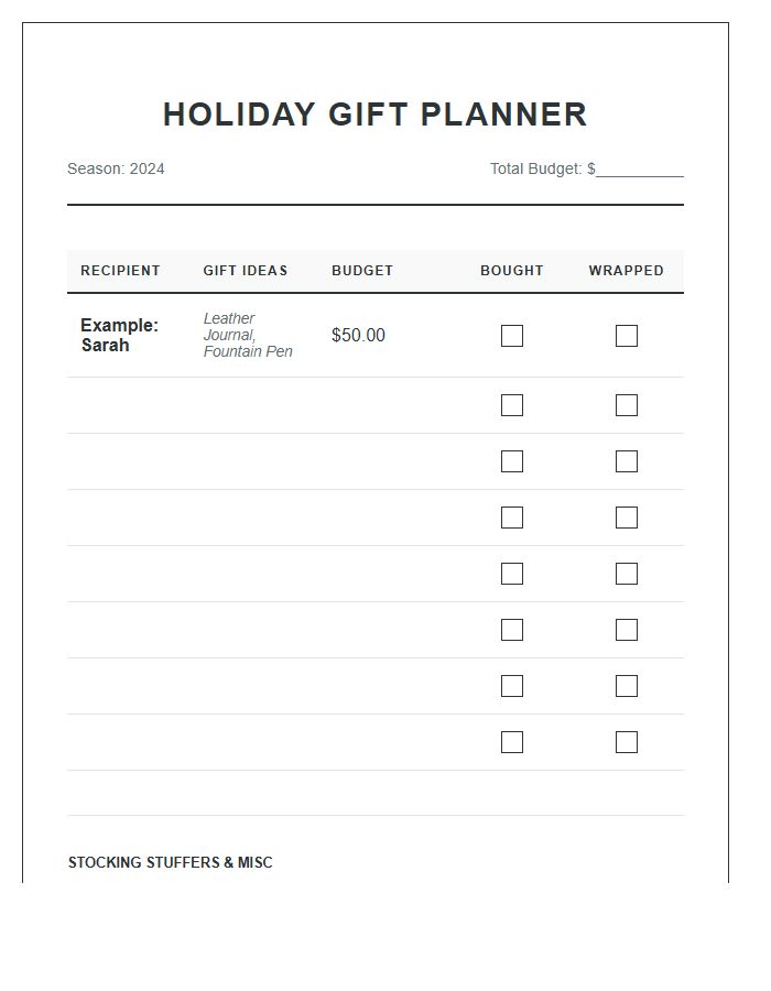 Holiday Gift Idea Planning Printable Chart