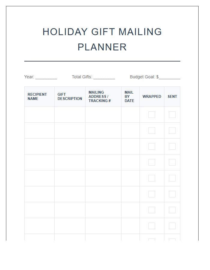 Holiday Gift Mailing Planning Printable Chart