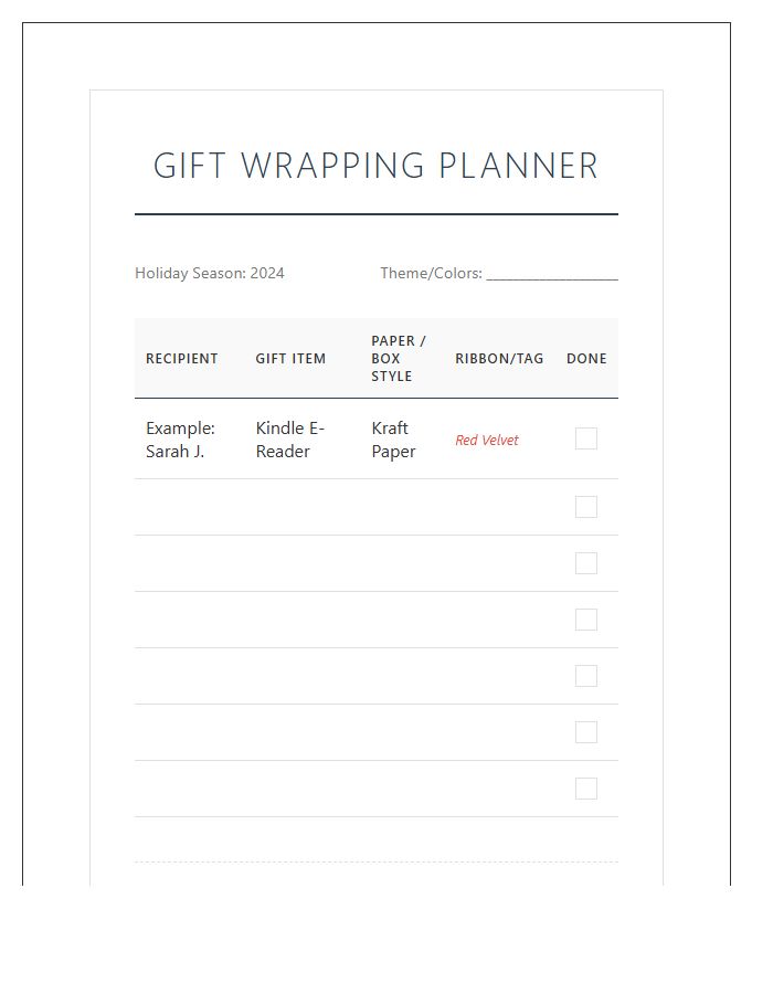 Holiday Gift Wrapping Planning Printable Chart