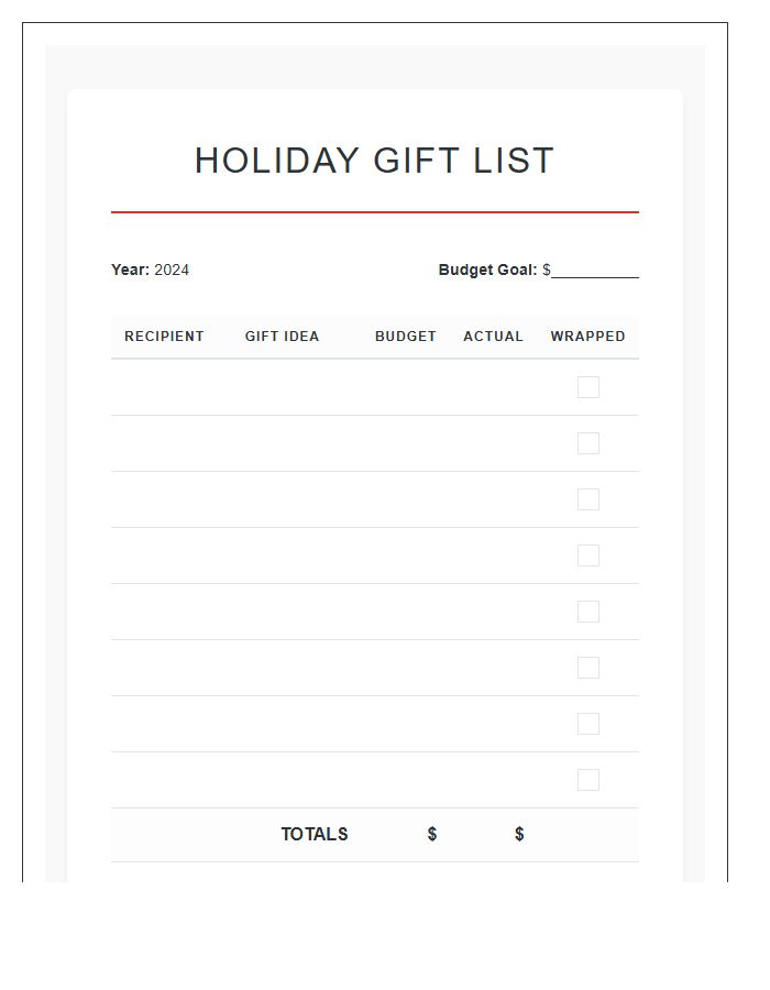 Holiday Shopping Gift List Printable Chart
