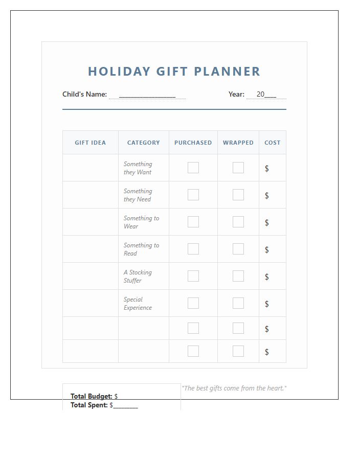 Kids Holiday Gift Planning Printable Chart