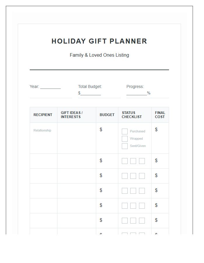 Large Family Holiday Gift Planning Printable Chart