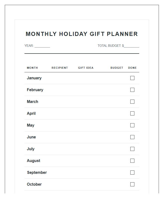 Monthly Holiday Gift Planning Printable Chart