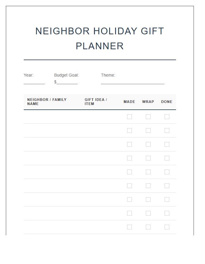 Neighbor Holiday Gift Planning Printable Chart