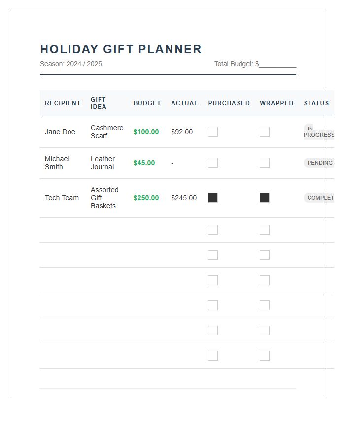 Professional Holiday Gift Planning Printable Chart