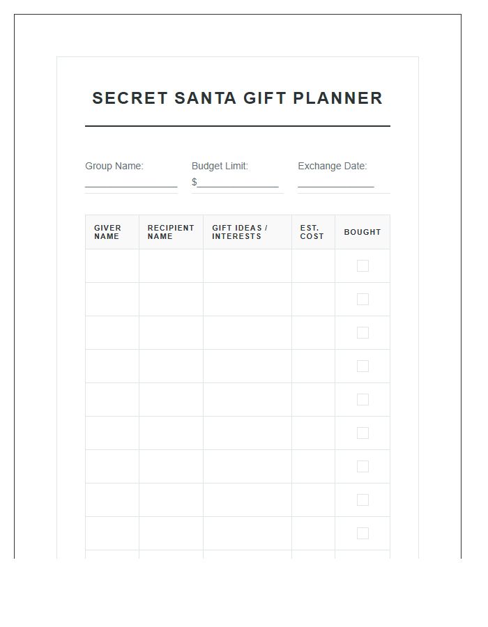 Secret Santa Gift Planning Printable Chart