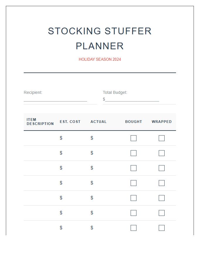 Stocking Stuffer Holiday Gift Planning Printable Chart