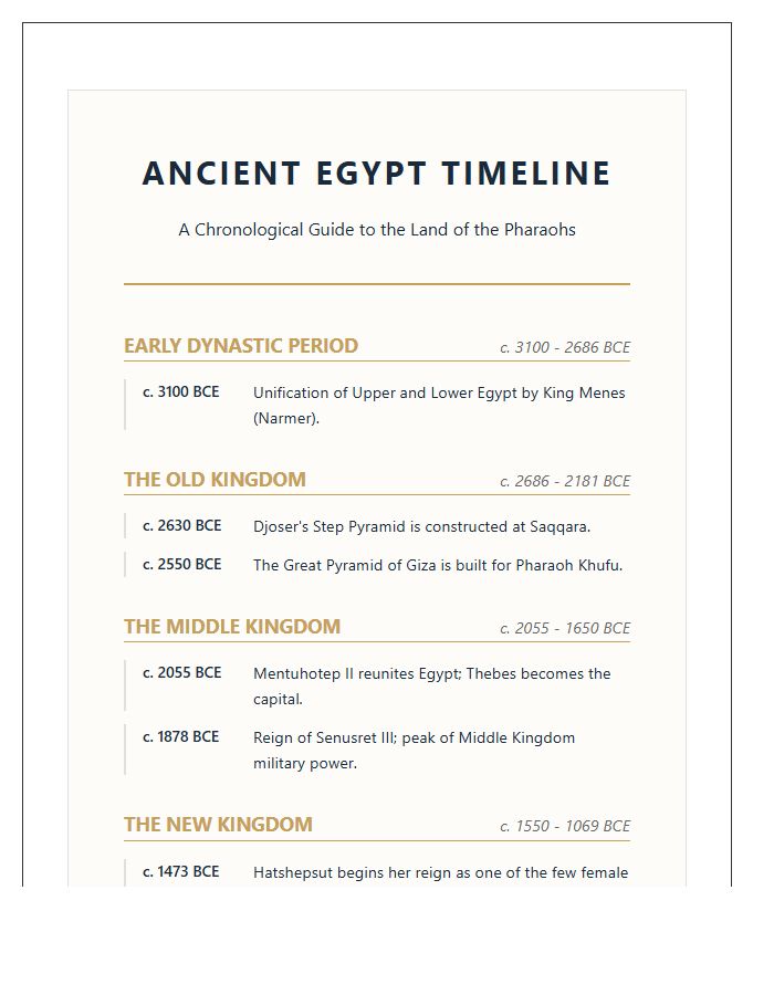 Major Events Ancient Egypt History Timeline Printable Chart