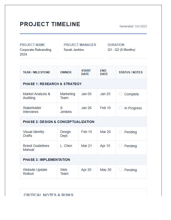 Business Project Management Timeline Printable Chart