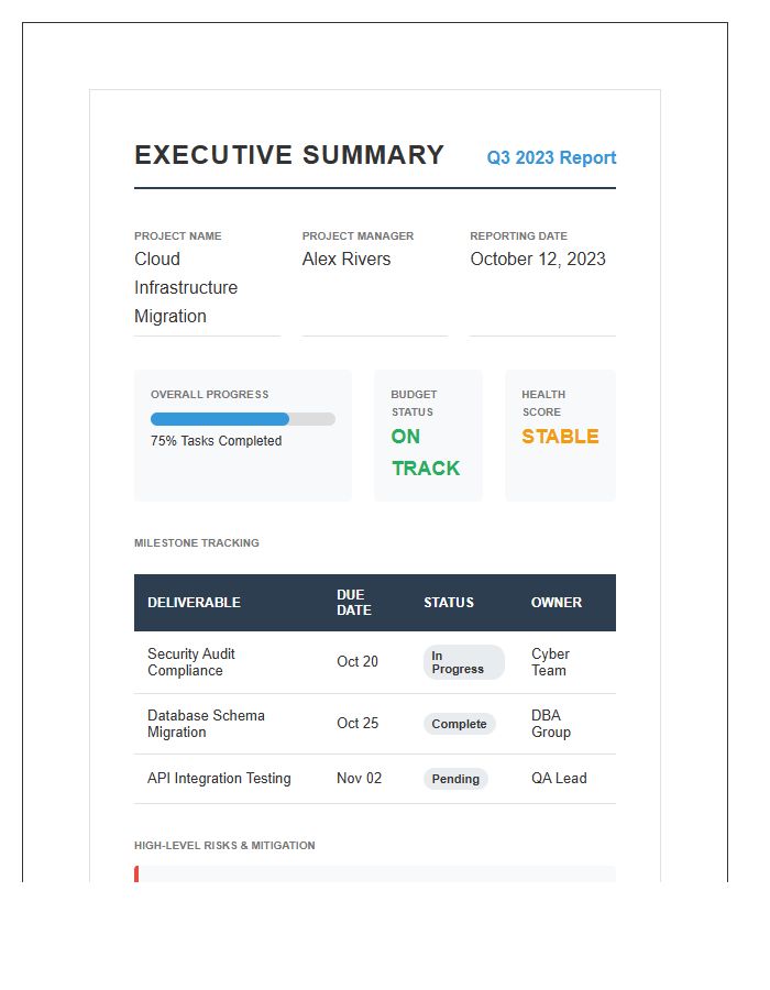 Executive Summary Project Management Printable Chart
