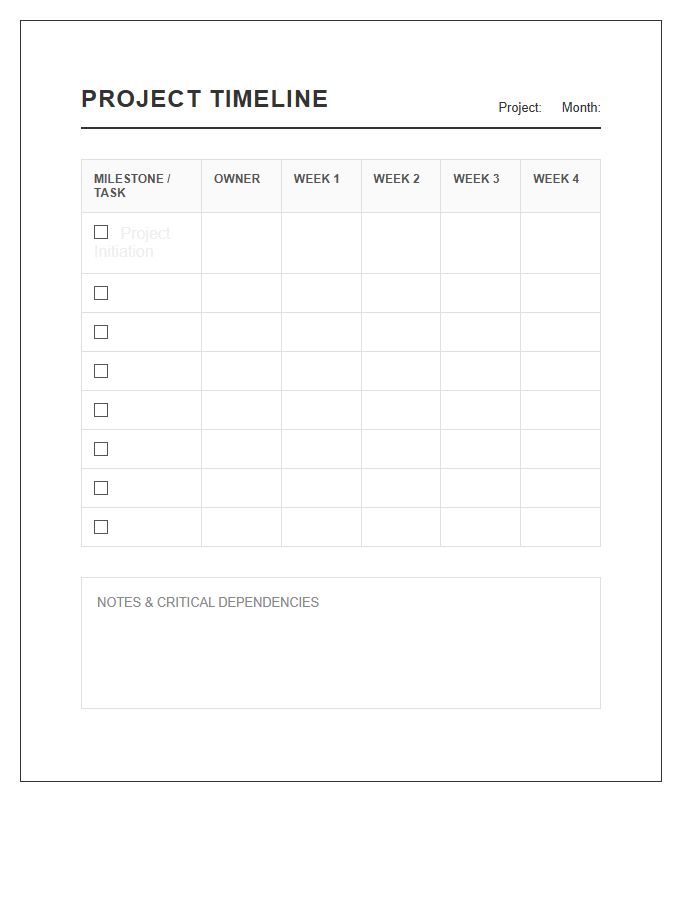 Monthly Project Management Timeline Printable Chart