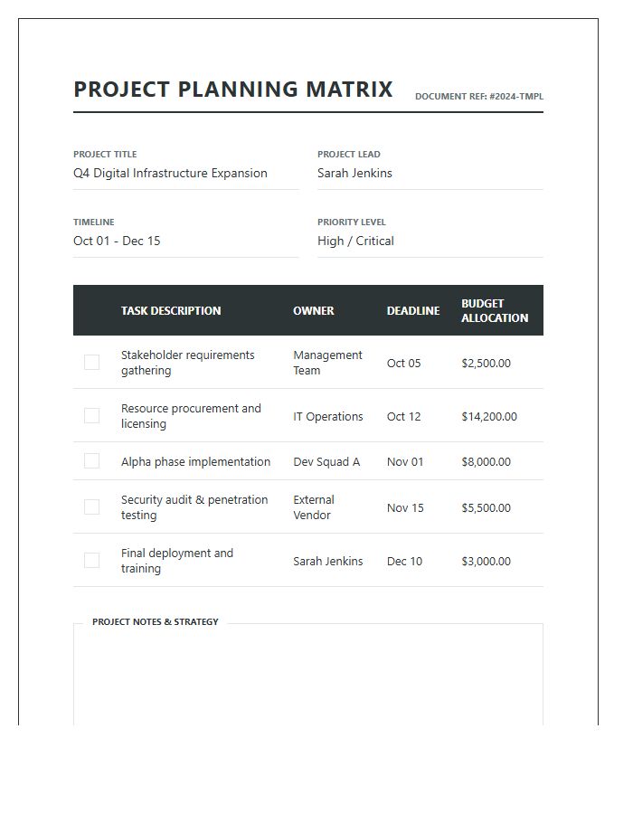 Professional Business Project Planning Printable Chart