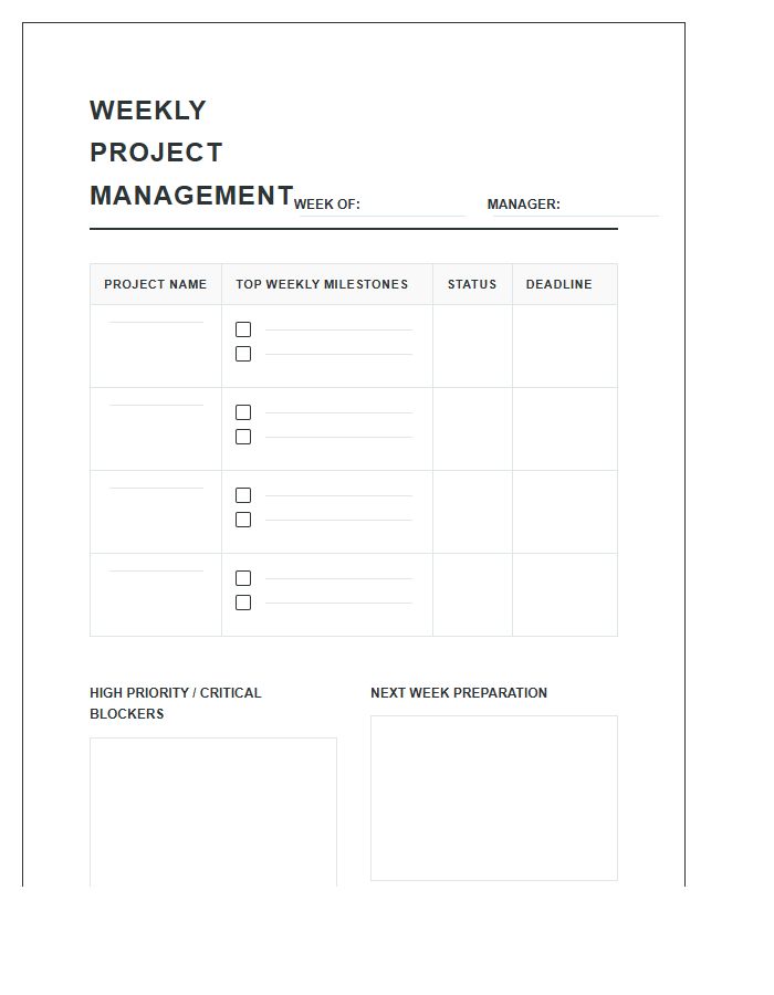 Weekly Business Project Management Printable Chart