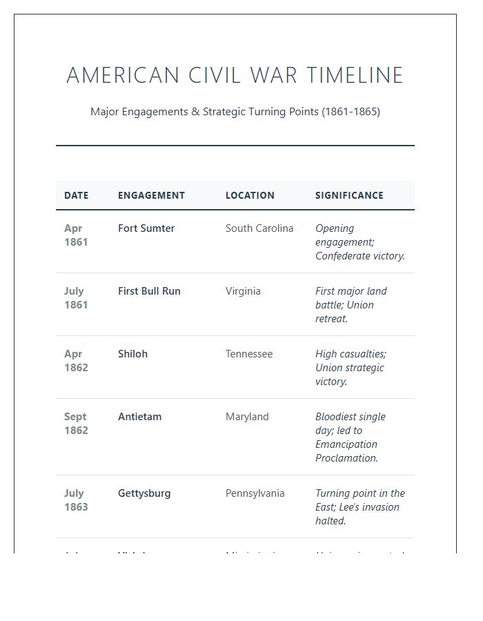 Chronological Civil War Battles Timeline Printable Chart